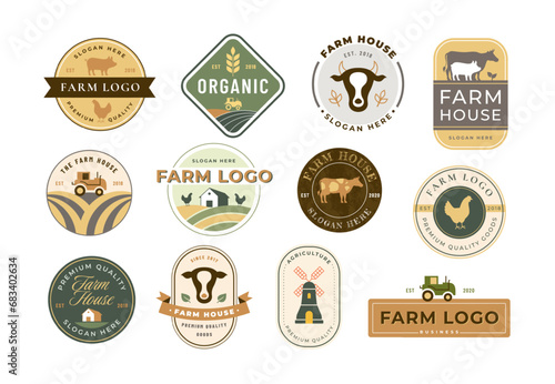 Farm icons. Rustic homestead, organic farming, meat and poultry house branding design templates vector set