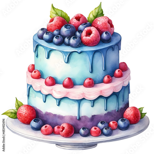 Watercolor illustration of cute kawaii pastel blue berry  fruits cake decorated with roses.  Creative graphics design. Cute elements for decoration.  