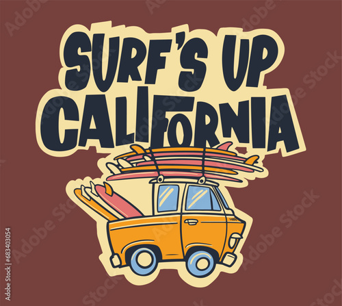 cartoon surf car t shirt print illustration 