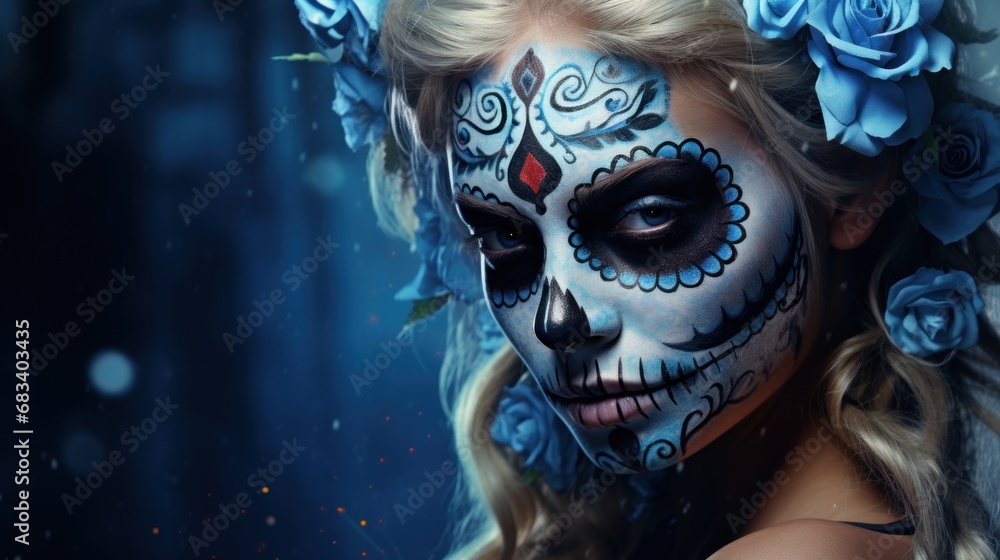 A woman with a sugar skull makeup and roses in her hair