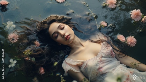 A beautiful young woman laying on top of a body of water