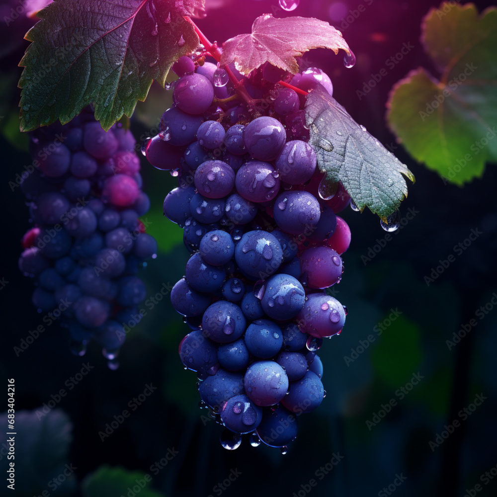 A grapes with raindrops, in the style of dark purple