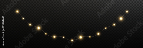 Festive Christmas light gold garlands png. Decor element for postcards, invitations, backgrounds transparent, business cards. Stock royalty free. Winter new collection 2024.	