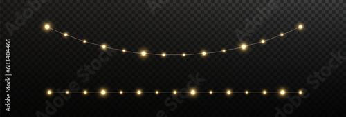 Festive Christmas light gold garlands png. Decor element for postcards, invitations, backgrounds transparent, business cards. Stock royalty free. Winter new collection 2024.	