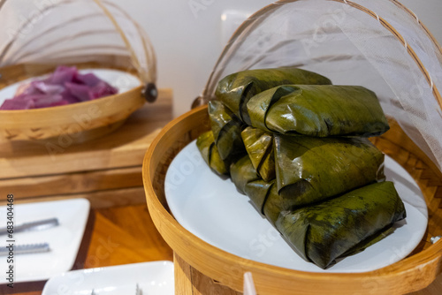 Glutinous Rice Steamed in Banana Leaf on a plate