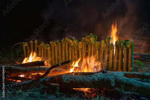 Cooking Process of Glutinous Rice roasted in Bamboo