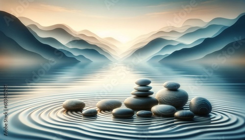 A zen-inspired design with smooth stones and tranquil water ripples, creating a peaceful and soothing abstract background