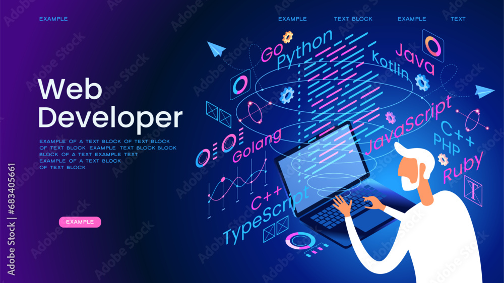 Programming web banner. Best programming languages. Technology process of Software development. Full StackDeveloper - obrazy, fototapety, plakaty 