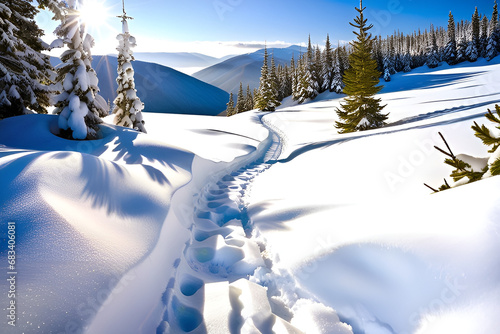 The serenity of a snowy landscape is disrupted only by the gentle crunch of footsteps. Generative AI.