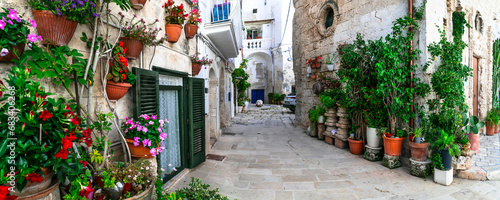 Traditional charming towns of southern Italy in Puglia region - Monopoli old town with floral narrow streets.