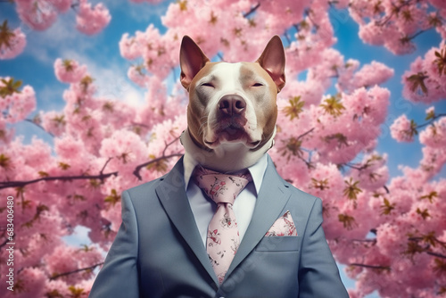 Elegant pittbull in cherry blossom photo