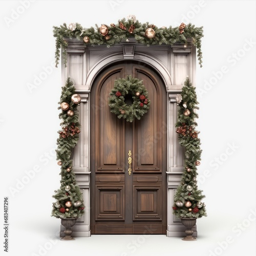 A wooden door decorated for Christmas isolated on white background.