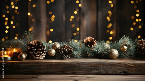 Noël, arrière plan graphique avec des décorations de noël et des planches de bois, idéal pour incrustation produit, illustration ia générative photo
