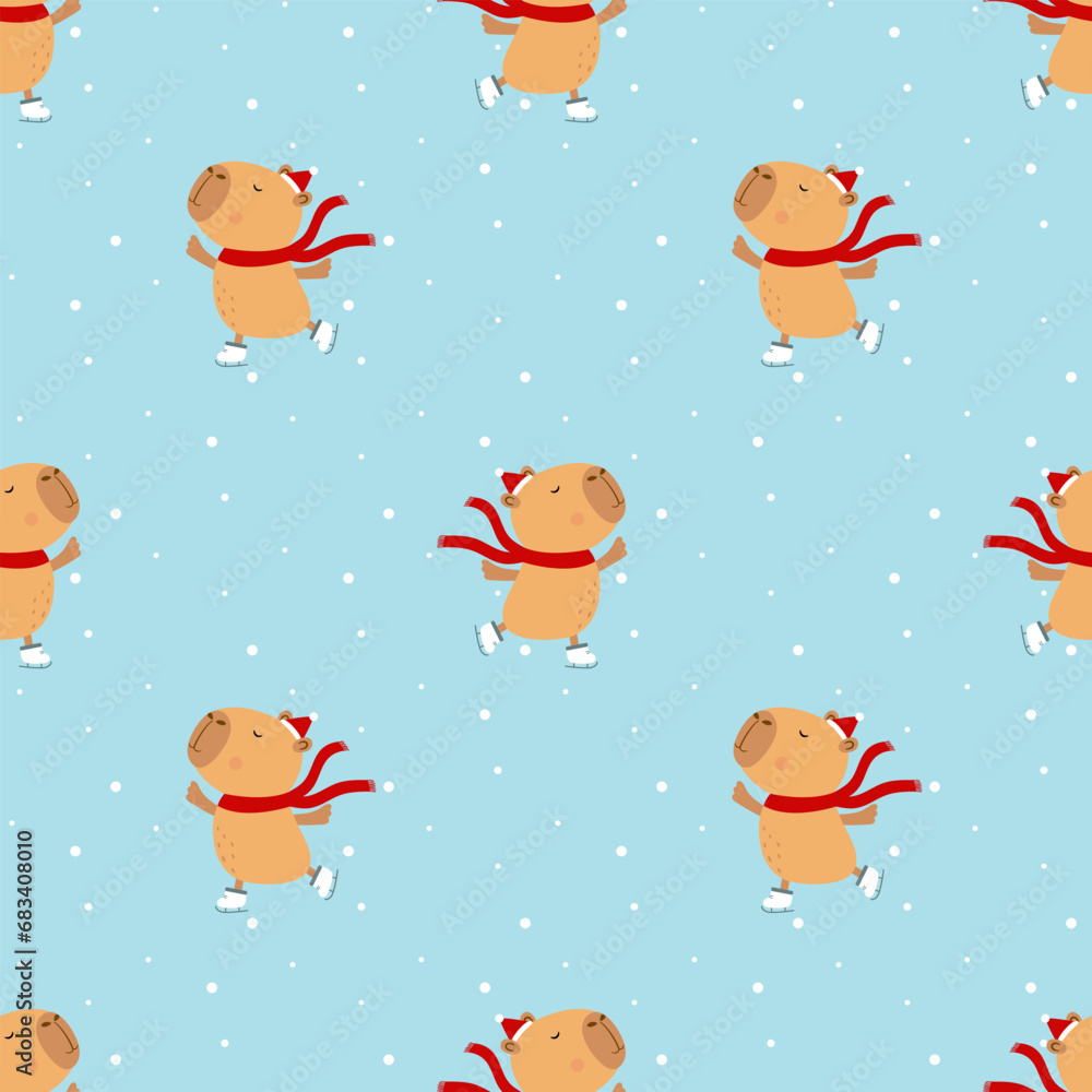 Print with cute skating capybara in a scarf. Funny seamless pattern