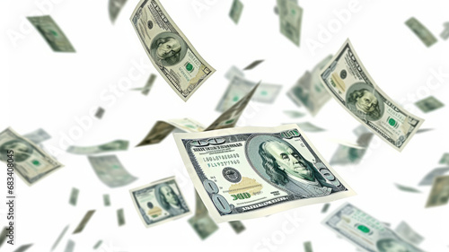 Flying 100 American dollars banknotes, isolated on white background generative ai photo