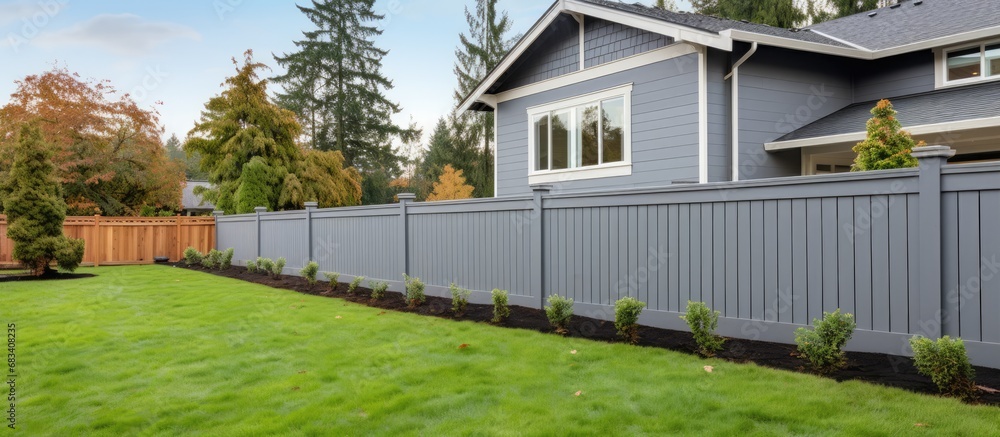 Large gray craftsman house with landscaped yard and white fence seen from the side - obrazy, fototapety, plakaty 