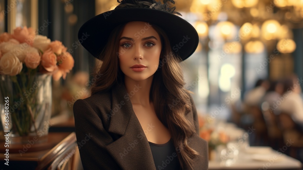 A portrait of a beautiful young woman, donning a chic hat and exquisite makeup, her fashion clothing adding a touch of sophistication, set against a backdrop of an elegant Parisian caf?(C). A portrait of a beautiful young woman, donning a chic hat and exquisite makeup, her fashion clothing adding a touch of sophistication, set against a backdrop of an elegant Parisian caf?(C).
