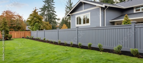 Large gray craftsman house with landscaped yard and white fence seen from the side photo