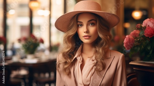 A portrait of a beautiful young woman, donning a chic hat and exquisite makeup, her fashion clothing adding a touch of sophistication, set against a backdrop of an elegant Parisian caf?(C).