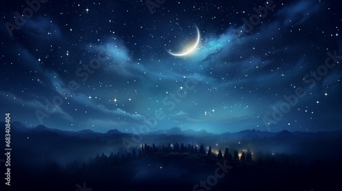 A deep blue nocturnal sky, with a crescent moon nestled amid a sprinkling of stars.