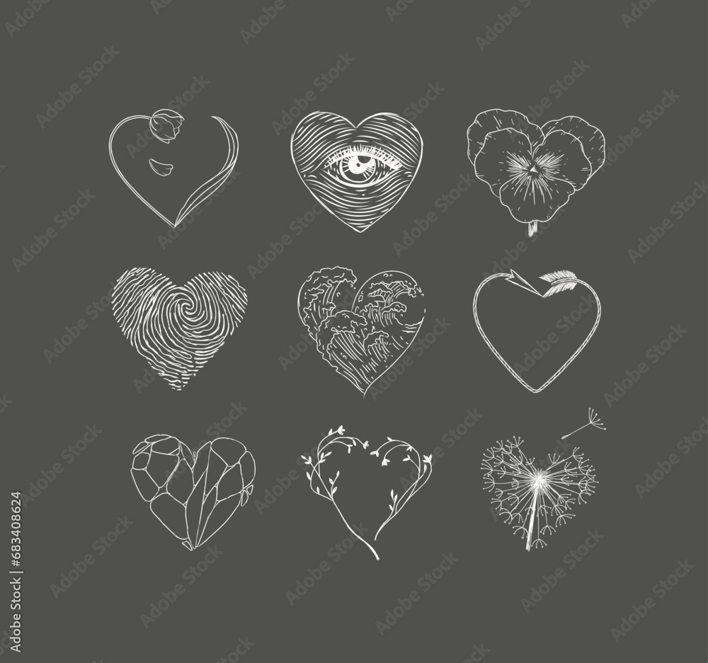 Hearts shape with flower, eye, fingerprint, wave, arrow, stone drawing in graphic style on dark background