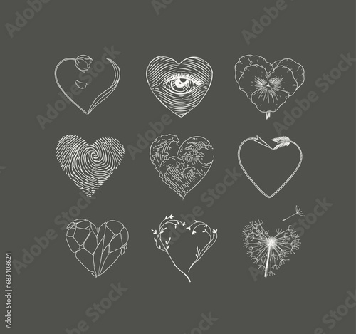 Obraz na płótnie Hearts shape with flower, eye, fingerprint, wave, arrow, stone drawing in graphic style on dark background w salonie