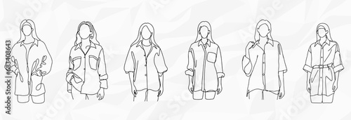 Lässige Eleganz: Bundle mit Lineart-Zeichnungen von Frauen in XXL-Hemden und anonymisierten Gesichtern