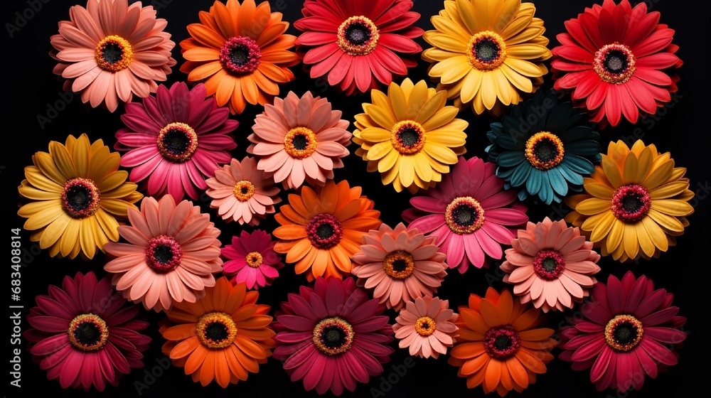 Top view of a composition of various vibrant gerbera daisies on a black backdrop rendered using generative artificial intelligence.