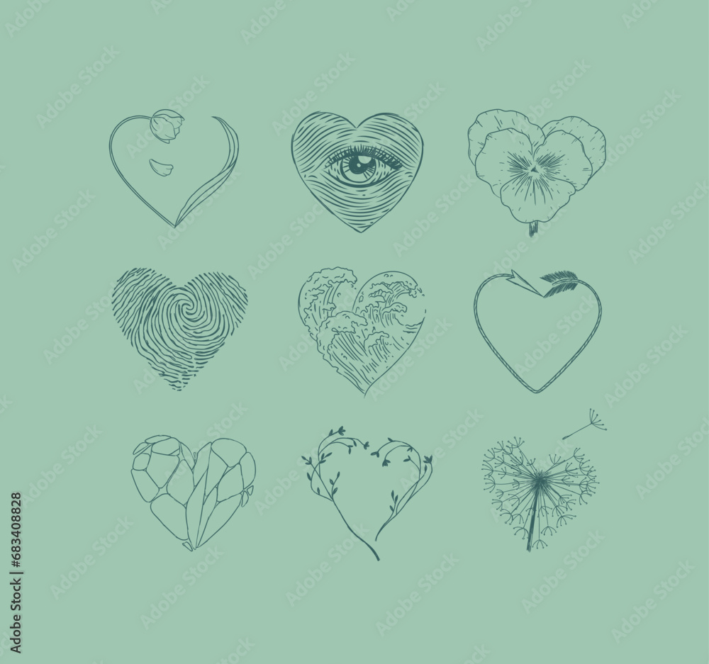 Hearts shape with flower, eye, fingerprint, wave, arrow, stone drawing in graphic style on green background