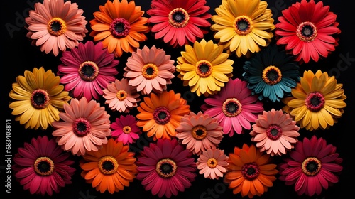 Top view of a composition of various vibrant gerbera daisies on a black backdrop rendered using generative artificial intelligence.