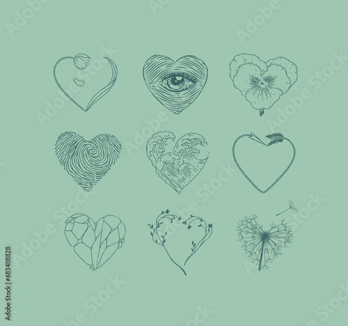 Obraz na płótnie Hearts shape with flower, eye, fingerprint, wave, arrow, stone drawing in graphic style on green background w salonie