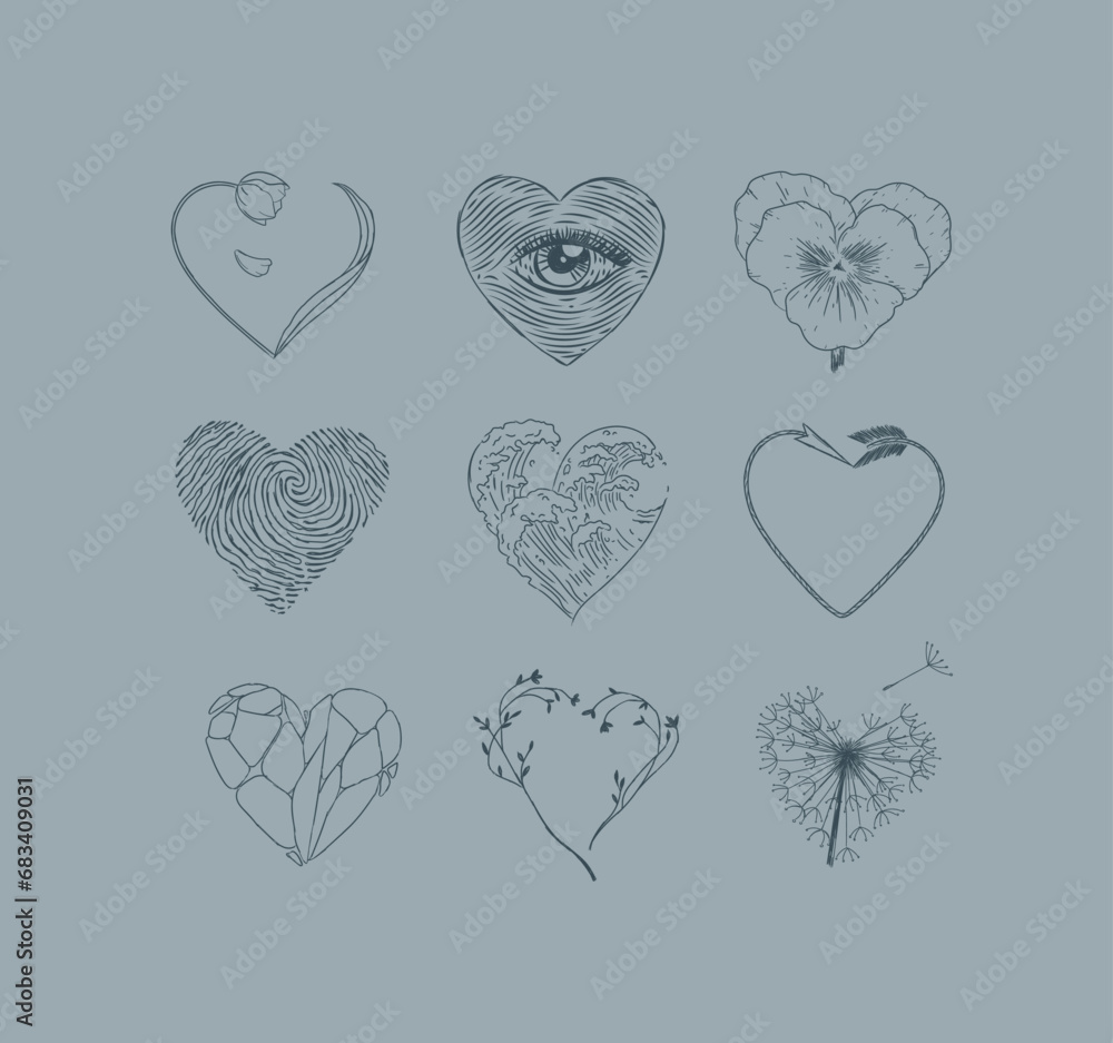 Hearts shape with flower, eye, fingerprint, wave, arrow, stone drawing in graphic style on grey background