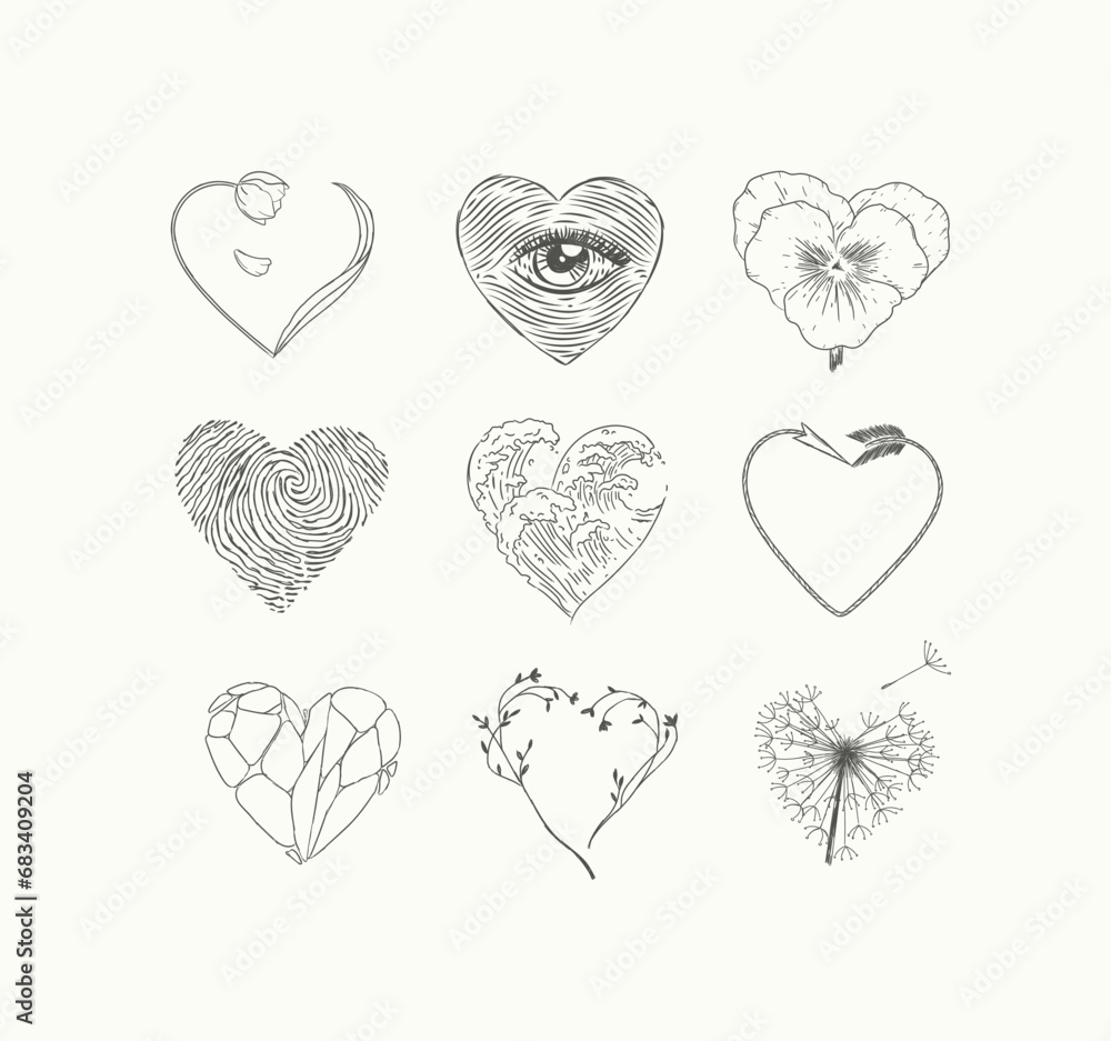 Hearts shape with flower, eye, fingerprint, wave, arrow, stone drawing in graphic style on light background