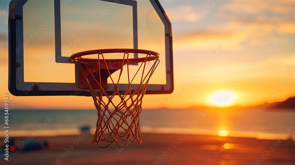 basketball basket at sunset on the beach