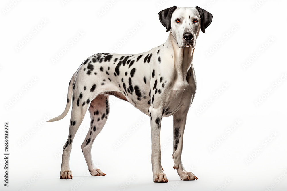 Dalmatian dog standing on a white background. Animal right-side portrait. Dalmatian dog standing on a white background. Animal right-side portrait.