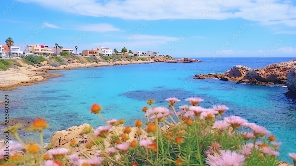 View of Playa Punta Prima, Punta Prima, Menorca, Balearic Islands, Spain's springtime flowers and seafront .