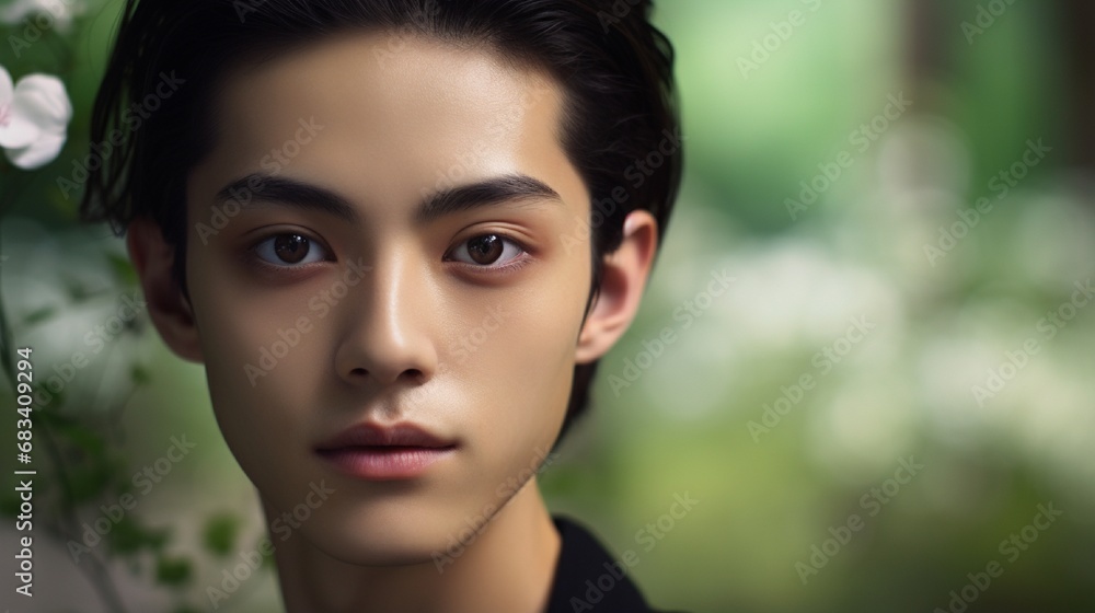 A serene portrait of a young Asian man, his visage enhanced with delicate, androgynous makeup, set within the tranquil environment of a traditional Japanese garden. A serene portrait of a young Asian man, his visage enhanced with delicate, androgynous makeup, set within the tranquil environment of a traditional Japanese garden.