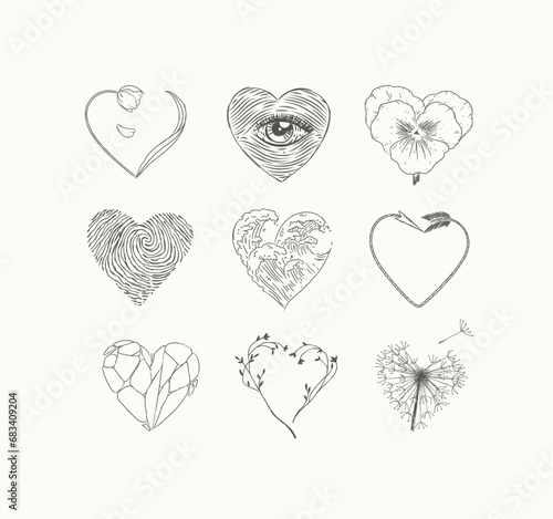 Obraz na płótnie Hearts shape with flower, eye, fingerprint, wave, arrow, stone drawing in graphic style on light background w salonie