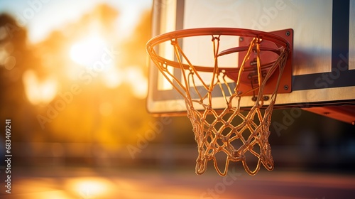 closeup of a basketball basket at sunset