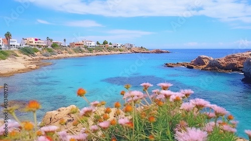 View of Playa Punta Prima, Punta Prima, Menorca, Balearic Islands, Spain's springtime flowers and seafront .