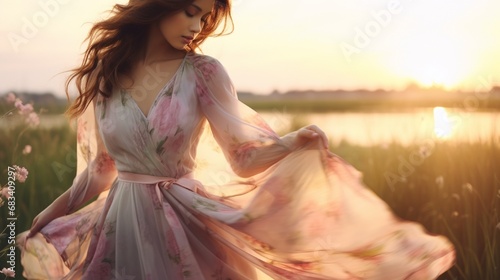 A serene portrait of a woman in a flowing chiffon dress, standing amidst a tranquil meadow, with the soft light of dawn enhancing the dress's delicate pastel hues. photo