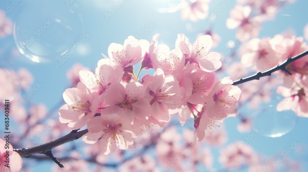 Warm springtime day with a double exposure of pink blossoms against a clear blue sky .