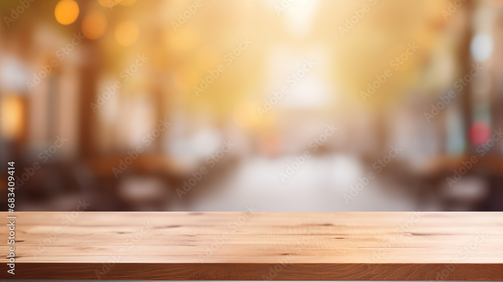 A wooden table top in front of a blurry city street