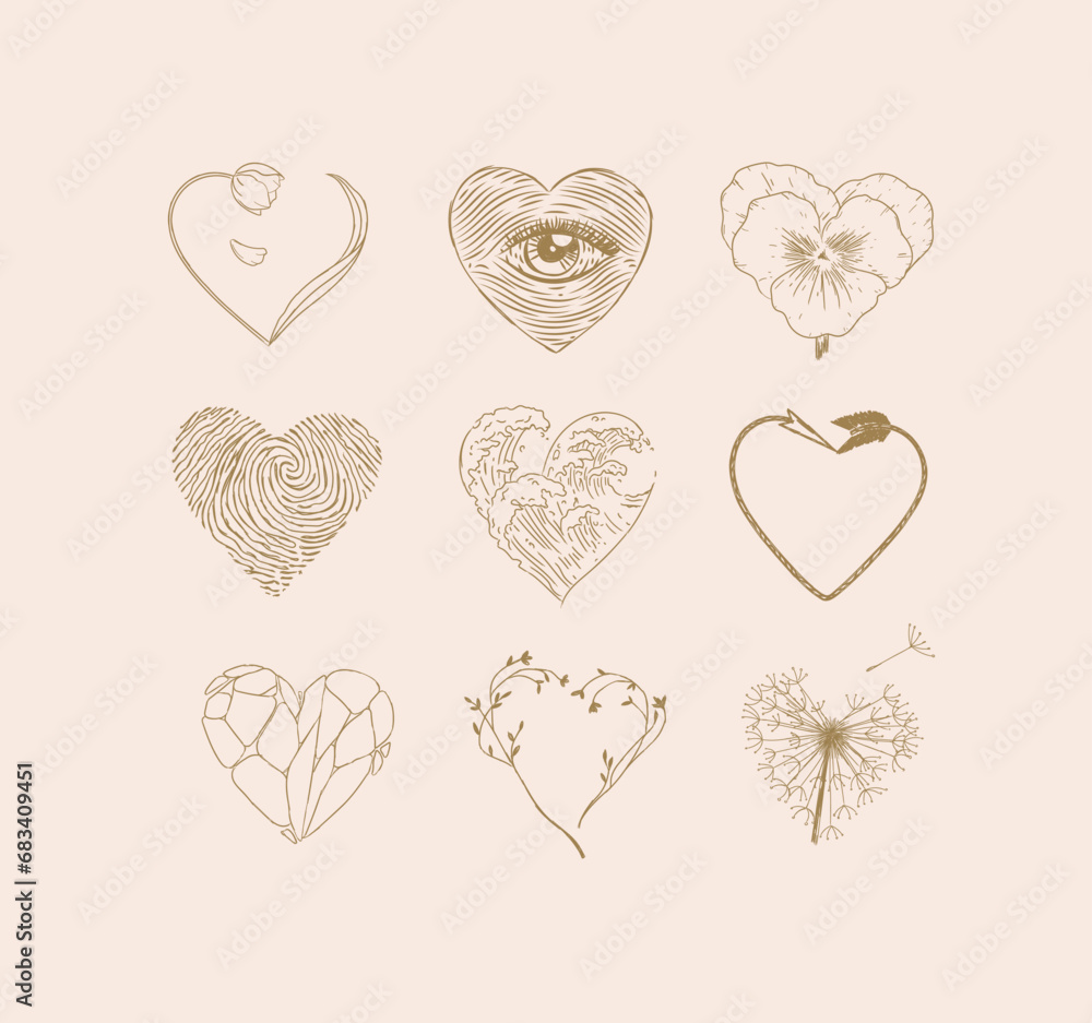 Hearts shape with flower, eye, fingerprint, wave, arrow, stone drawing in graphic style on peach background