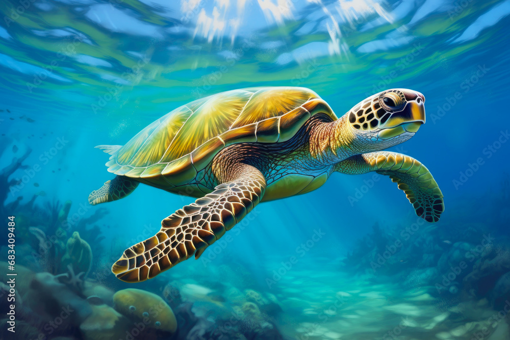 Fototapeta premium Tranquil Aquatic Beauty: Green Sea Turtle Swimming