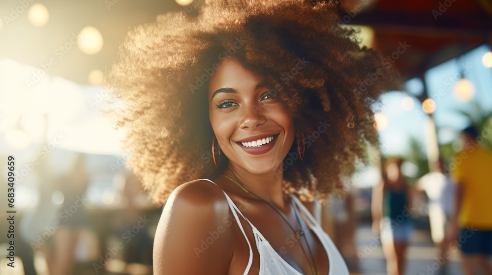 Portrait of happy beautiful young black woman with long curly hair in dance movement at beach disco bar. Summer vacation, holiday, happiness, music concept generative ai - obrazy, fototapety, plakaty 
