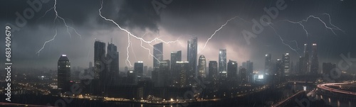 Thunderstorm and storm with heavy rain and lighting in a megapolis city with skyscrapers. Severe weather and flood concept.