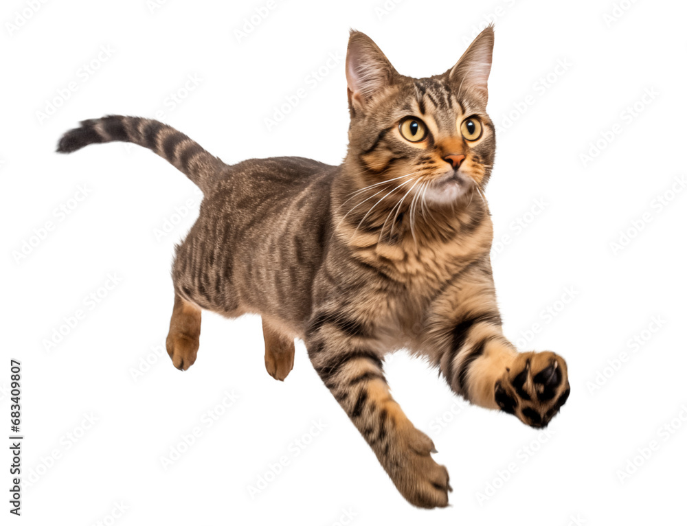 Cute funny kitten running on transparent background, png. Playful cat running and jumping on white
