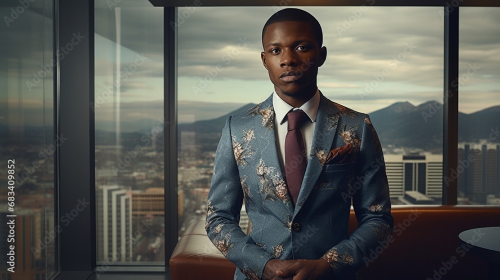 Fototapeta premium A sophisticated image of modern South African business attire, with a model wearing a tailored suit with subtle African print accents, set in a high-rise Johannesburg office building.