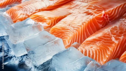 Fresh salmon on the frozen ice in supermarket background.